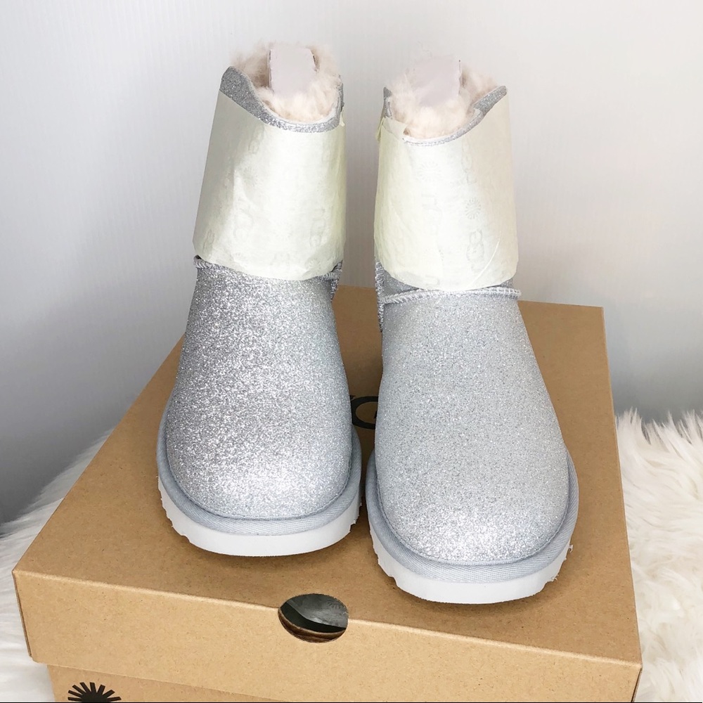 UGG Mini Bailey Bow Silver Sparkle Boots Glitter - Picture 6 of 8